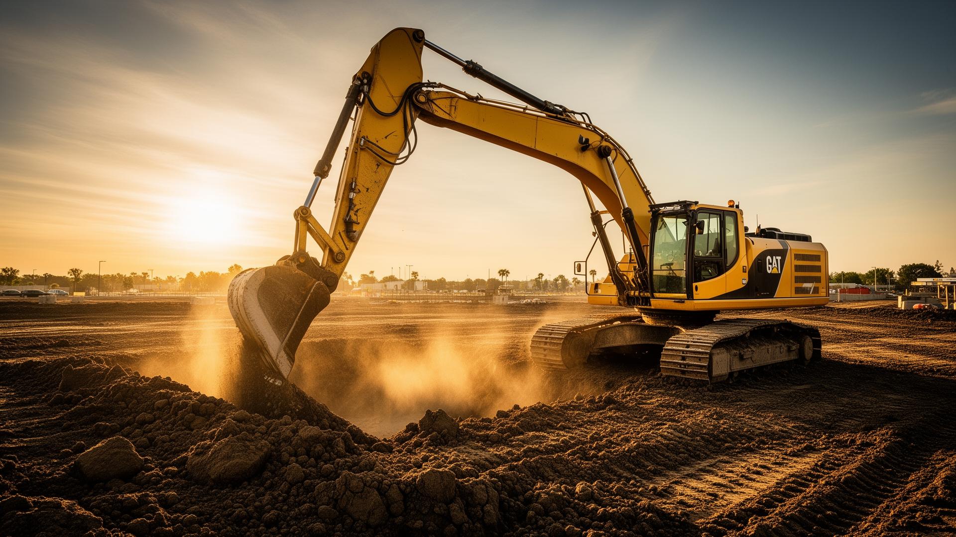 Yellow excavator preparing a foundation site at golden hour in Cobleskill, NY